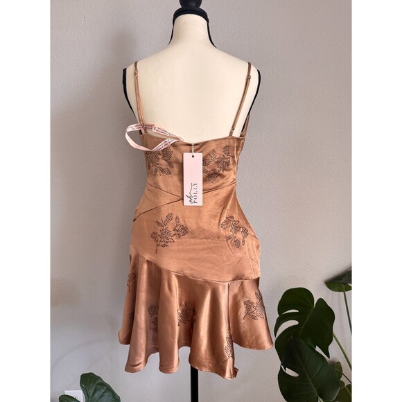 NWT Oh Polly Bronze Satin Cowl Neck Mini Dress US4 Floral Rhinestone Party - Picture 2 of 11